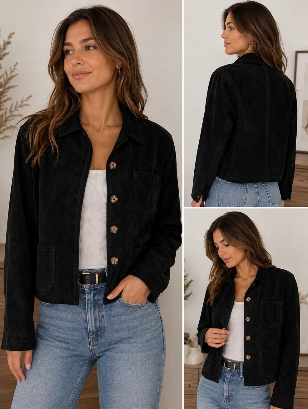 Vintage Sarah Chapman Black Pig Suede Button Front Jacket Size 10 Minimalist 90s